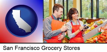 two grocers working in a grocery store in San Francisco, CA