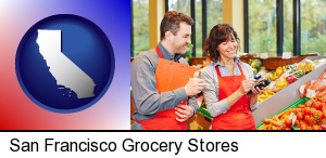 San Francisco, California - two grocers working in a grocery store