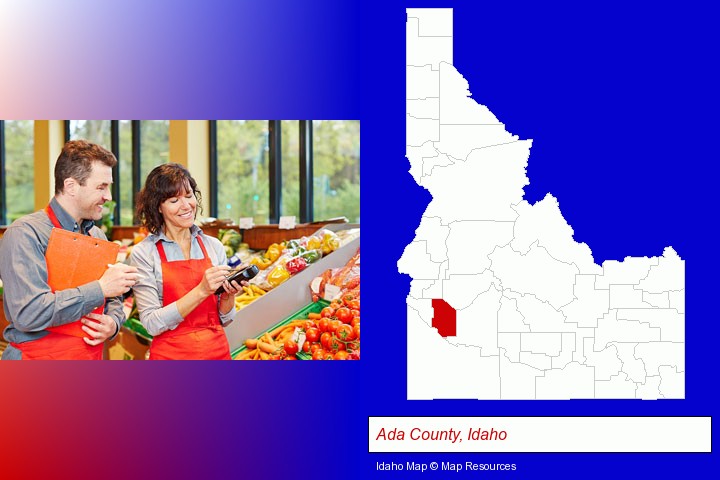 two grocers working in a grocery store; Ada County, Idaho highlighted in red on a map