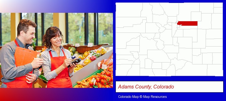 two grocers working in a grocery store; Adams County, Colorado highlighted in red on a map