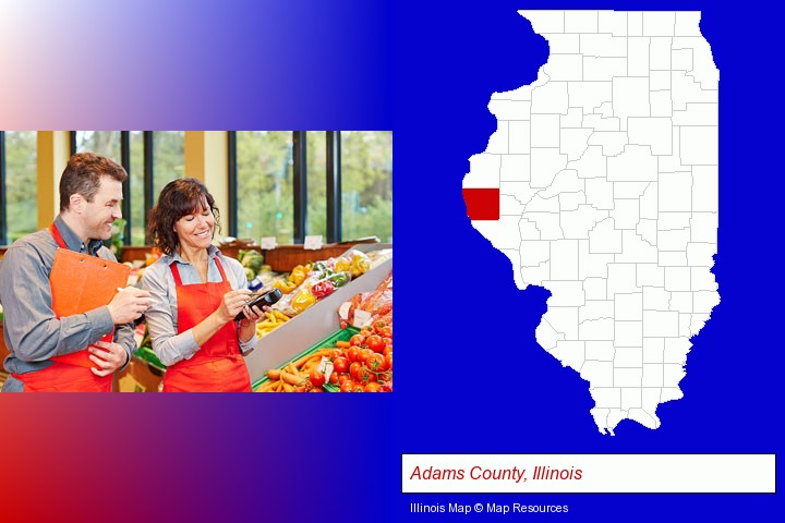 two grocers working in a grocery store; Adams County, Illinois highlighted in red on a map
