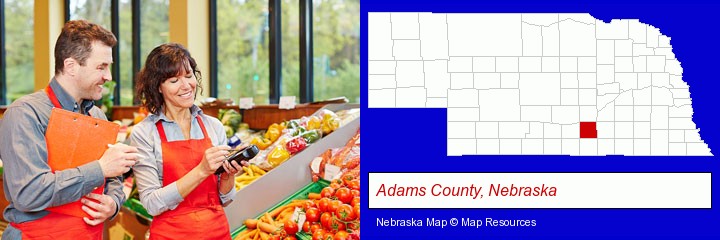 two grocers working in a grocery store; Adams County, Nebraska highlighted in red on a map