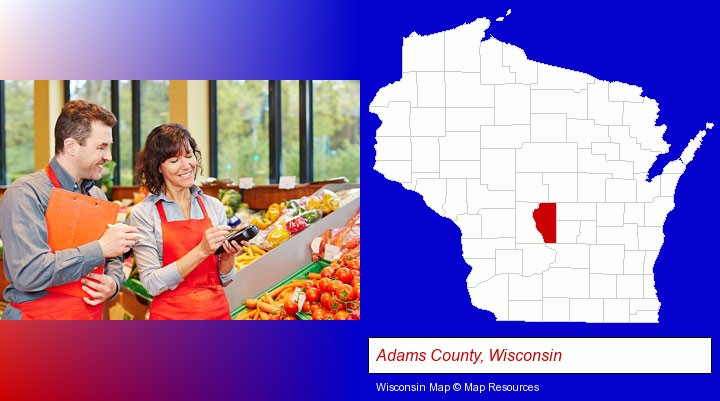 two grocers working in a grocery store; Adams County, Wisconsin highlighted in red on a map