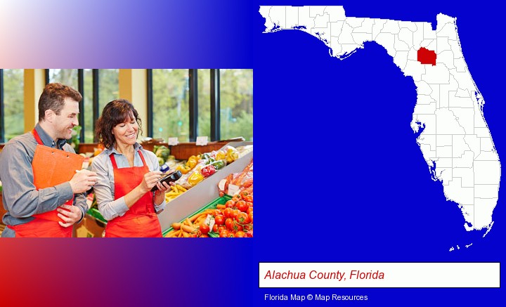 two grocers working in a grocery store; Alachua County, Florida highlighted in red on a map