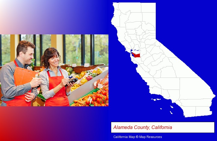 two grocers working in a grocery store; Alameda County, California highlighted in red on a map
