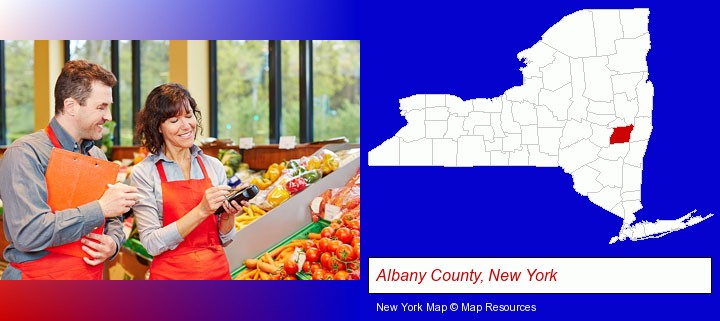 two grocers working in a grocery store; Albany County, New York highlighted in red on a map