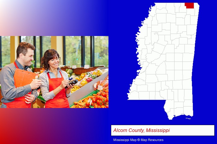 two grocers working in a grocery store; Alcorn County, Mississippi highlighted in red on a map