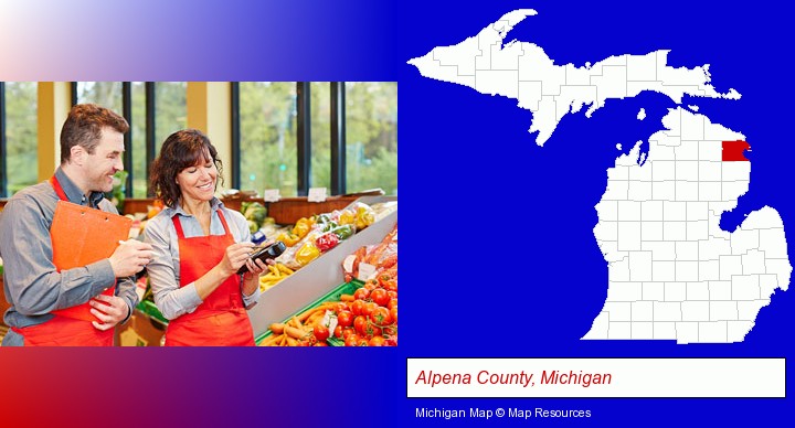two grocers working in a grocery store; Alpena County, Michigan highlighted in red on a map