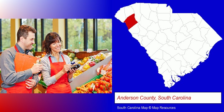 two grocers working in a grocery store; Anderson County, South Carolina highlighted in red on a map