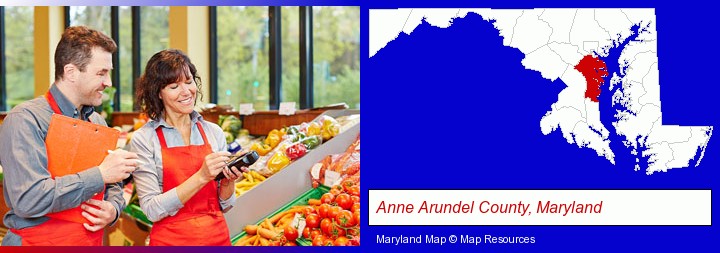 two grocers working in a grocery store; Anne Arundel County, Maryland highlighted in red on a map