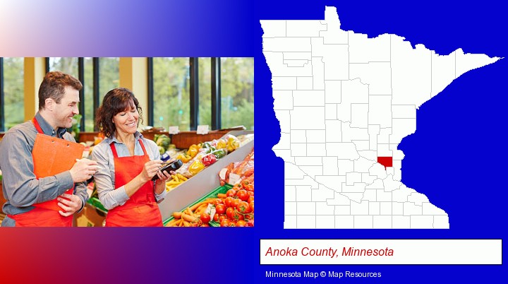 two grocers working in a grocery store; Anoka County, Minnesota highlighted in red on a map