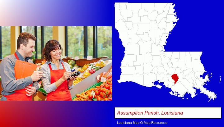 two grocers working in a grocery store; Assumption Parish, Louisiana highlighted in red on a map
