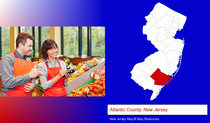 two grocers working in a grocery store; Atlantic County, New Jersey highlighted in red on a map
