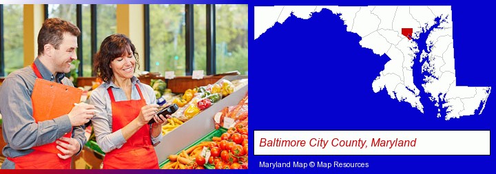 two grocers working in a grocery store; Baltimore City County, Maryland highlighted in red on a map