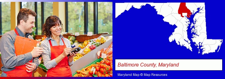 two grocers working in a grocery store; Baltimore County, Maryland highlighted in red on a map