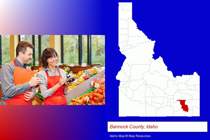 two grocers working in a grocery store; Bannock County, Idaho highlighted in red on a map