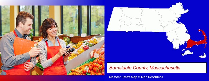 two grocers working in a grocery store; Barnstable County, Massachusetts highlighted in red on a map