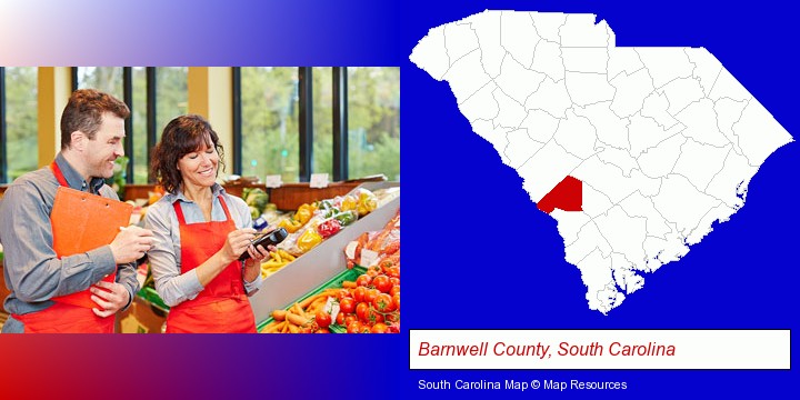 two grocers working in a grocery store; Barnwell County, South Carolina highlighted in red on a map