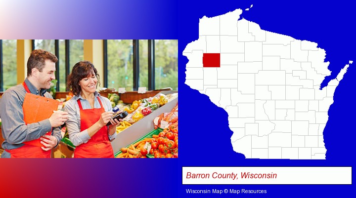 two grocers working in a grocery store; Barron County, Wisconsin highlighted in red on a map