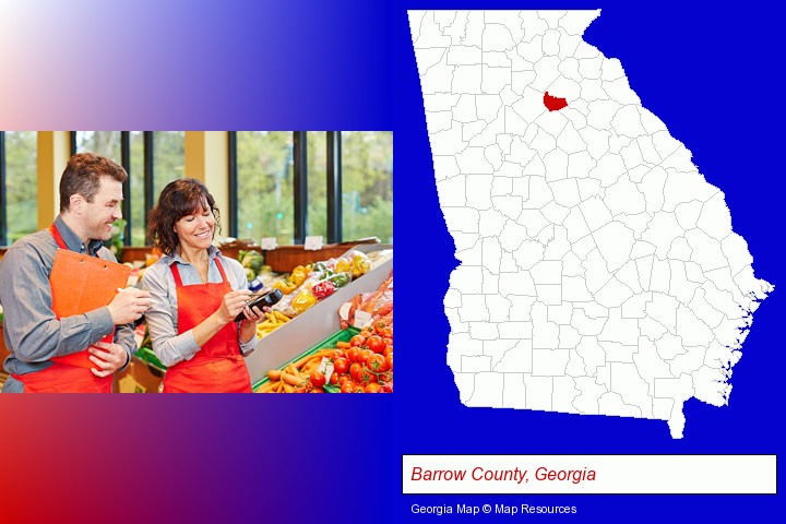 two grocers working in a grocery store; Barrow County, Georgia highlighted in red on a map