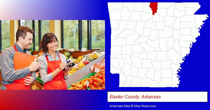 two grocers working in a grocery store; Baxter County, Arkansas highlighted in red on a map