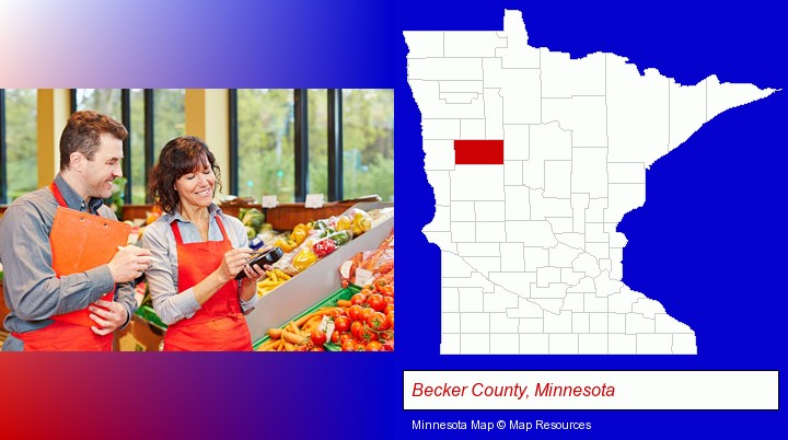 two grocers working in a grocery store; Becker County, Minnesota highlighted in red on a map