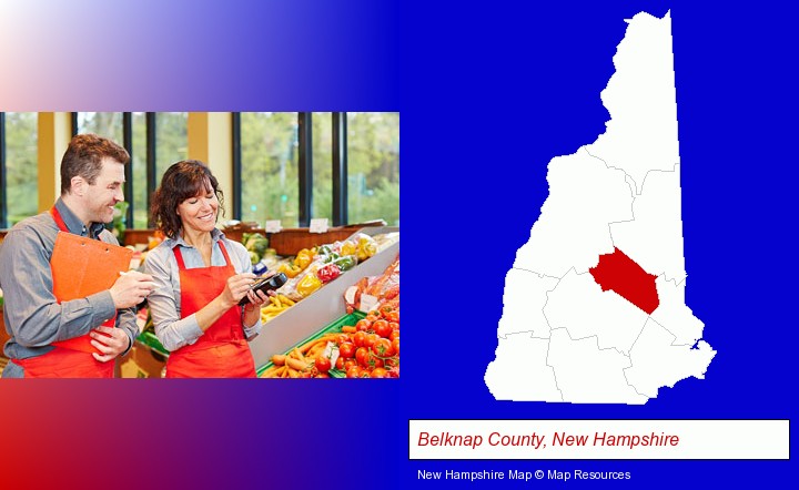 two grocers working in a grocery store; Belknap County, New Hampshire highlighted in red on a map