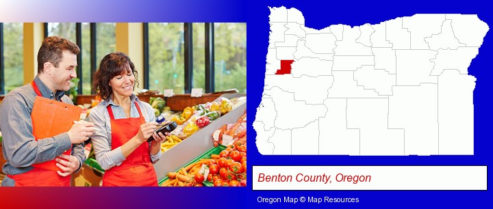 two grocers working in a grocery store; Benton County, Oregon highlighted in red on a map