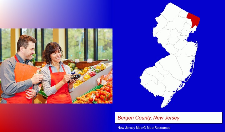 two grocers working in a grocery store; Bergen County, New Jersey highlighted in red on a map