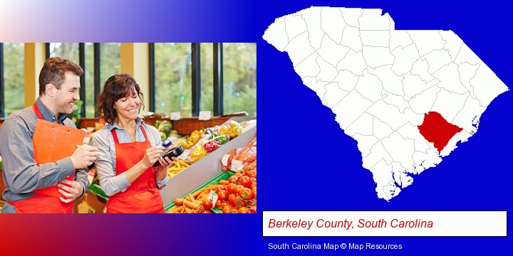 two grocers working in a grocery store; Berkeley County, South Carolina highlighted in red on a map