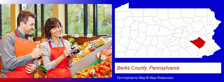 two grocers working in a grocery store; Berks County, Pennsylvania highlighted in red on a map