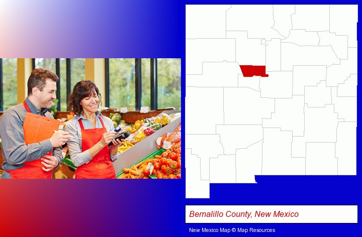 two grocers working in a grocery store; Bernalillo County, New Mexico highlighted in red on a map