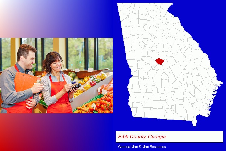 two grocers working in a grocery store; Bibb County, Georgia highlighted in red on a map