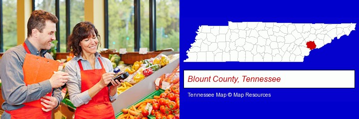 two grocers working in a grocery store; Blount County, Tennessee highlighted in red on a map