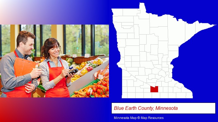 two grocers working in a grocery store; Blue Earth County, Minnesota highlighted in red on a map