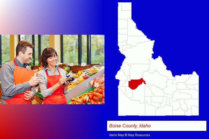 two grocers working in a grocery store; Boise County, Idaho highlighted in red on a map