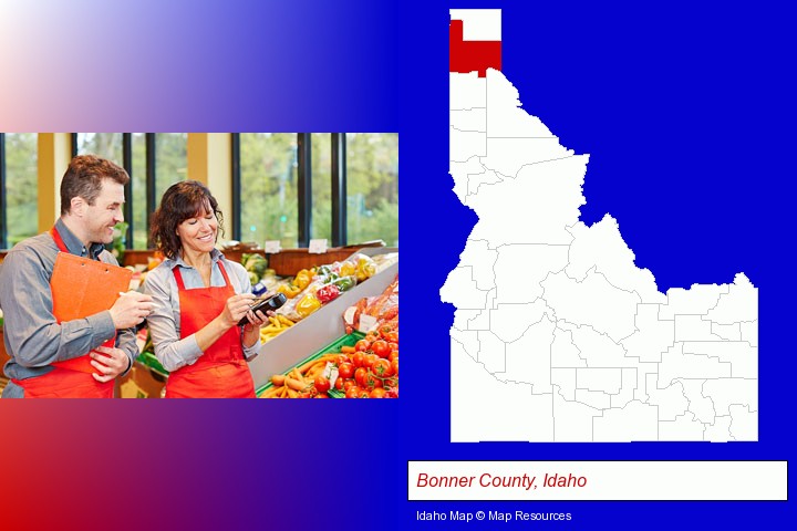 two grocers working in a grocery store; Bonner County, Idaho highlighted in red on a map