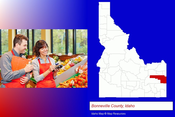 two grocers working in a grocery store; Bonneville County, Idaho highlighted in red on a map