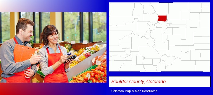 two grocers working in a grocery store; Boulder County, Colorado highlighted in red on a map
