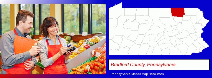 two grocers working in a grocery store; Bradford County, Pennsylvania highlighted in red on a map