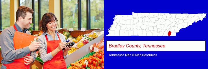 two grocers working in a grocery store; Bradley County, Tennessee highlighted in red on a map