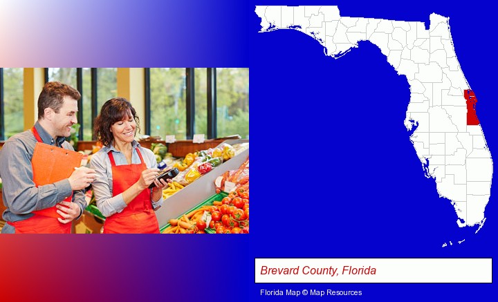 two grocers working in a grocery store; Brevard County, Florida highlighted in red on a map