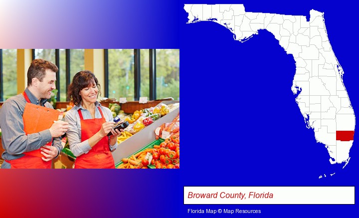two grocers working in a grocery store; Broward County, Florida highlighted in red on a map