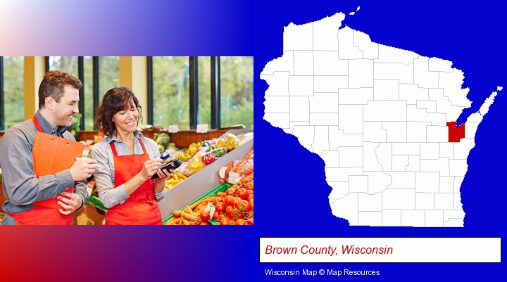 two grocers working in a grocery store; Brown County, Wisconsin highlighted in red on a map
