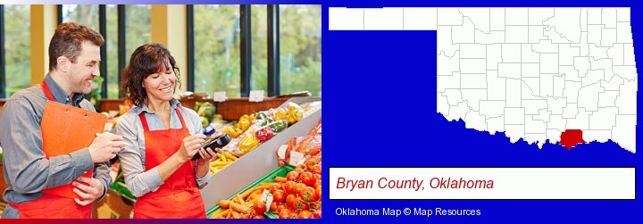 two grocers working in a grocery store; Bryan County, Oklahoma highlighted in red on a map