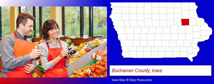 two grocers working in a grocery store; Buchanan County, Iowa highlighted in red on a map