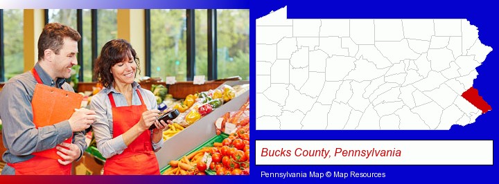two grocers working in a grocery store; Bucks County, Pennsylvania highlighted in red on a map