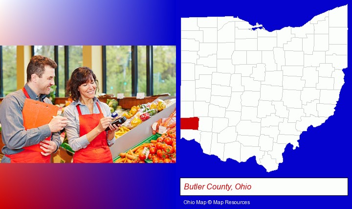 two grocers working in a grocery store; Butler County, Ohio highlighted in red on a map