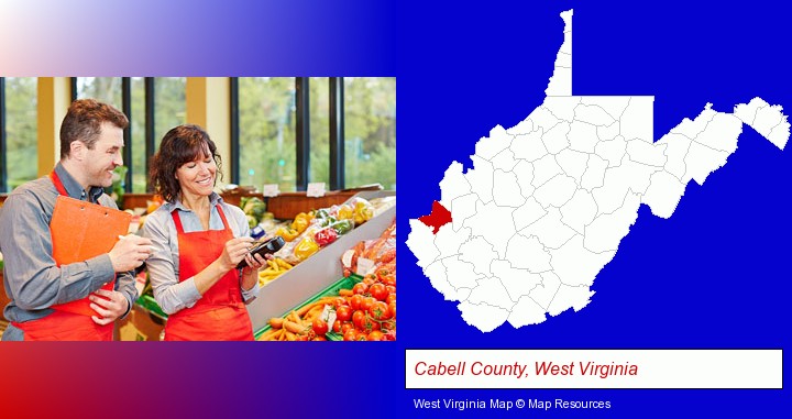 two grocers working in a grocery store; Cabell County, West Virginia highlighted in red on a map