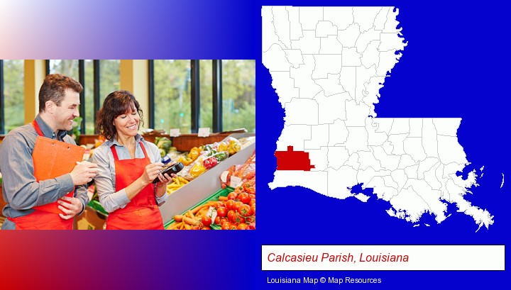 two grocers working in a grocery store; Calcasieu Parish, Louisiana highlighted in red on a map